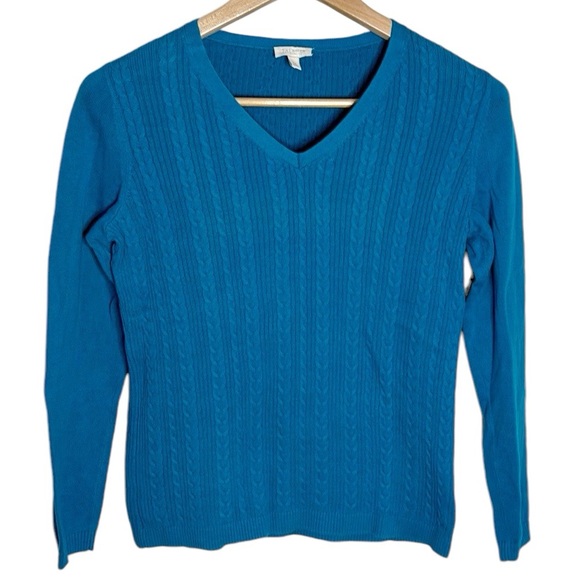 Talbots Outlet Azure Blue Cotton V-Neck Cable Knit Sweater Size S petite - Picture 1 of 9